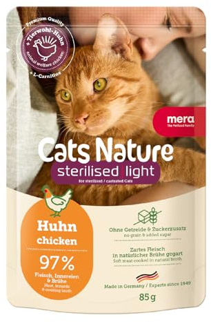 MERA Cats Nature Sterilised Huhn 12x85g Katzenfutter nass ohne Getreide | Hochwertige Rezeptur mit hohem Fleischanteil - Alleinfuttermittel, Monoprotein, magenschonend, Familienunternehmen