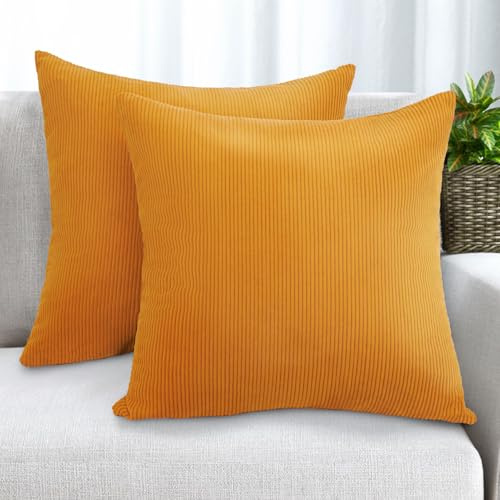 KENOBE 2er Set Kissenbezüge Kord Kissenhülle Dekorative Kissenbezug Sofakissen Couchkissen Dekokissen Zierkissenbezug Deko Kissenhülle für Sofa Wohnzimmer 45x45cm, Senfgelb