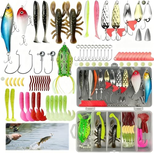 107 Angeln Köder gemischt einschließlich Spinner,Zander,Forelle,Barsch,Angelzubehör - Gemischt Kunstköder,Gummifische,Spinner,Oberflächenköder,Popper,jigheads für Süßwasser-Salzwasser-Fischen
