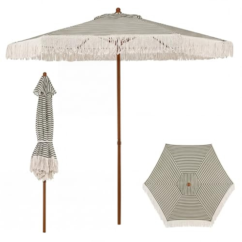 KOMFOTTEU Parasol de Jardin Droit 230cm, Toile Polyester Anti-UV, Parasol Rond inclinable, Mât en Bambou, Parasols d'extérieur, Système Air Vent, Bordure frangée, pour Terrasse, Balcon (Vert + Blanc)