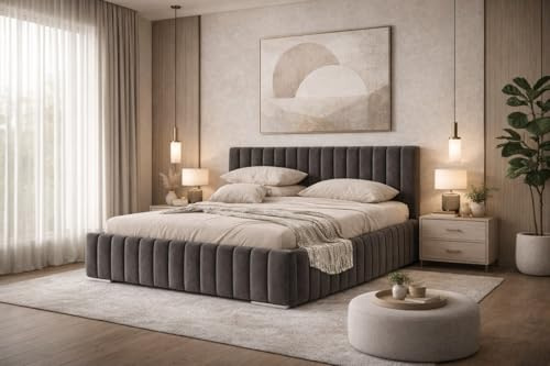 Polsterbett Imperia 180x200 cm, Bettkasten, Riviera-Stoff, Graphit | Betten mit Metallrahmen und Bettgestell, Oeko-Tex, Weicher Stoff