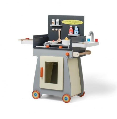 FytStycale Chariot Barbecue Jouet sur Roulettes Barbecue Jouet avec Accessoires D'imitation Chariot Cuisine En Bois pour Enfants, tout-Petits, Gris