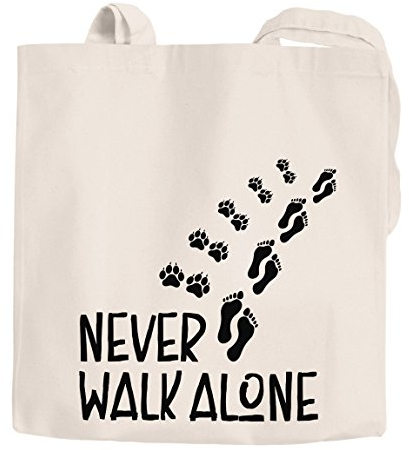 Jutebeutel Never walk alone Hund Pfoten Hundepfoten Pfotenabdrücke Hundebesitzer Baumwolltasche Stoffbeutel Tragetasche Moonworks® natur 2 lange Henkel