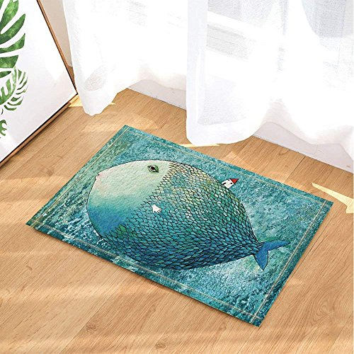 yinyinchao Kreatives übertriebenes Haus auf Fischen zurück im Meer Badteppiche, rutschfeste Fußmatte Bodeneingänge Outdoor Indoor Haustürmatte, Kinder Badematte, 40x60 cm, Badzubehör Türkis