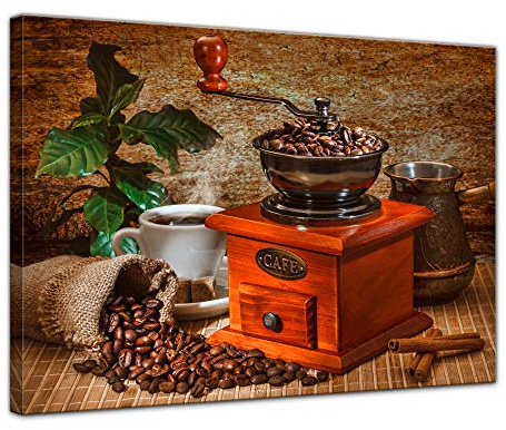 Bilderdepot24 Wandbild Kaffeemühle - 40x30 cm Leinwandbilder Bilder als Leinwanddruck Fotoleinwand Essen & Trinken - Genuss - Auszeit - Bohne - Geschmack