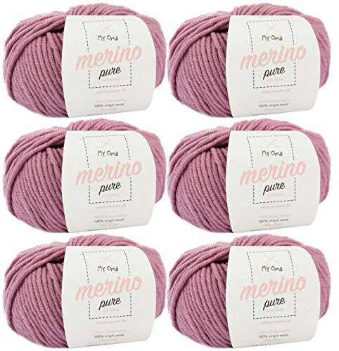 Merinowolle -6x Merino pure rosé (Fb 4708)- 6 Knäuel Merinowolle rosa + GRATIS Label - Merinogarn - 50g/65m - Nadelstärke 6-7mm - 100% Merino - Wolle zum Häkeln - weiche Wolle MyOma