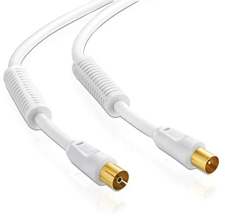 Antennenkabel | 2m | 75 Ohm | 110 db | 4fach geschirmt | Koax Stecker > Koax Kupplung | Koaxialkabel Anschlusskabel | TV HDTV Radio DVB-T DVB-T2 DAB | 2X Ferritkern | weiß | 2 Meter