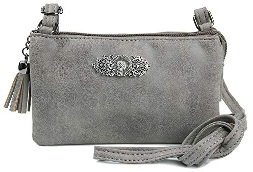 Enzianblau Trachten: Tasche in Leder-Optik mit Ornamentbrosche, Trachtencluch, Oktoberfest Tasche zum Dirndl (grau)