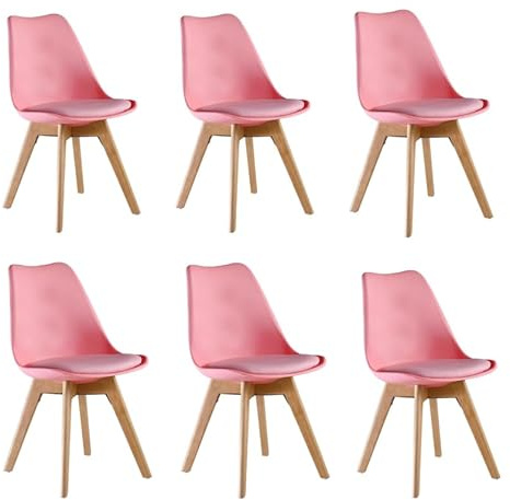P&N Homewares® (SET OF 6 Lorenzo Tulip Chair Plastic Wood Retro Dining Chairs White Black Grey Red Yellow Pink Green Blue (Pink)