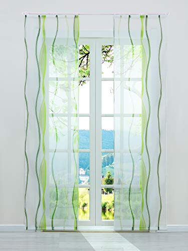 ESLIR Schiebegardinen Set 2er Flächenvorhänge Gardinen mit Klettband Schiebevorhang Transparent Vorhang mit Wellen Druck Voile Grün BxH 57x245cm 2 Stück