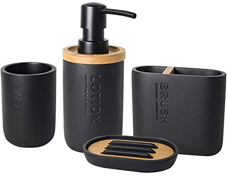 PFLife Badezimmer Set, 4-Teilig, Badezubehör aus Polyresin und Bambus, Seifenspender, Becher, Zahnbürstenhalter, Seifenschale, Bad-Accessoires-Set (Schwarz)