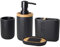 PFLife Badezimmer Set, 4-Teilig, Badezubehör aus Polyresin und Bambus, Seifenspender, Becher, Zahnbürstenhalter, Seifenschale, Bad-Accessoires-Set (Schwarz)