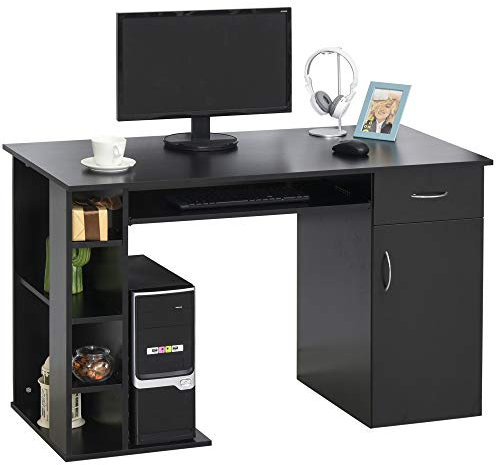 HOMCOM Mesa Escritorio para PC Mesa de Ordenador con Estantes Abiertos y baldas Ajustables Armario Soporte para CPU y Bandeja Extraíble 120x60x74 cm Negro