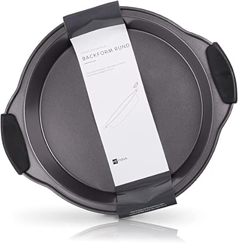 HEYNNA® Runde Backform - Antihaftbeschichtete Kuchenform aus Karbonstahl, 24 cm, Abnehmbare Silikongriffe - Ideal für Kuchen, Brot oder Auflauf