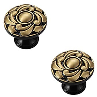 CcHhyyt 2 Stück Vintage Messing Schrankknöpfe Blumenmuster Antik Möbelknöpfe Metall Schwarz Gold Möbelgriff Schubladenknöpfe Türgriffe Knöpfe für Küchenschrank,Schublade,Schrank (34mm, Schwarz)