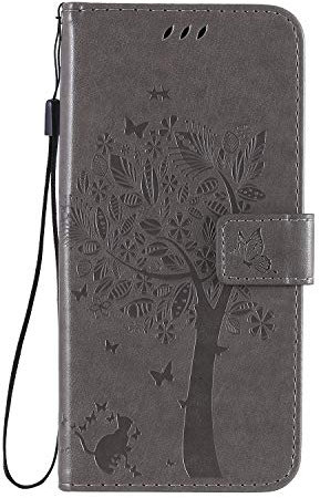 Midmelon Pochette en Cuir pour téléphone Vivo Y76 5G,Motif Animaux Chat sous Arbre Pliable Coque Etui Robuste Antichoc Case,Housse Protection avec Carte Fentes Dragonne - Gris