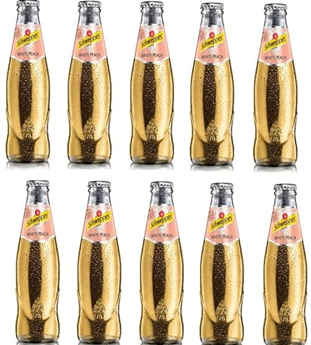 Schweppes White Peach 10 x 200ml Glas kohlensäurehaltiges Erfrischungsgetränk Leicht herb mit dem Geschmack von weißem Pfirsich inc. MEHRWEG Pfand