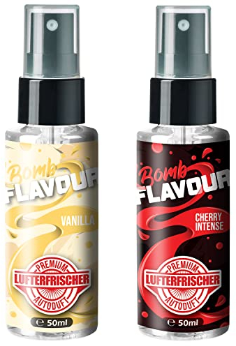 ShinyChiefs FLAVOUR BOMB Set - Autoduft-Set mit Vanille und Kirsch-Geruch - Lufterfrischer und Auto Parfüm für den Innenraum, neutralisiert Gerüche im Auto, hochergiebig, Pumpsprühflasche, 2x 50ml