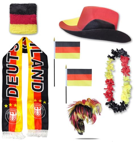 Sonia Originelli Fan-Set Deutschland 1 XXXL Wuschel - Fanartikel WM EM Fußball mit Cowboyhut Hawaiikette Fanschal Schweißband Fähnchen Perücke