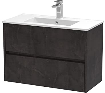 Hudson Reed Wall Hung 2 Drawer Vanity Unit & Minimalist Ceramic Basin, 800mm, Matt Metallic Slate