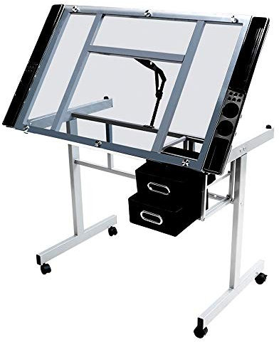 costoffs Rolling Drawing Table Draft Art Table with Tiltable Tabletop, Adjustable Artist Drawing Table with Slide Rolling Wheels and 2 Drawers, Drafting Craft Desk with Liftable Desktop and Storage