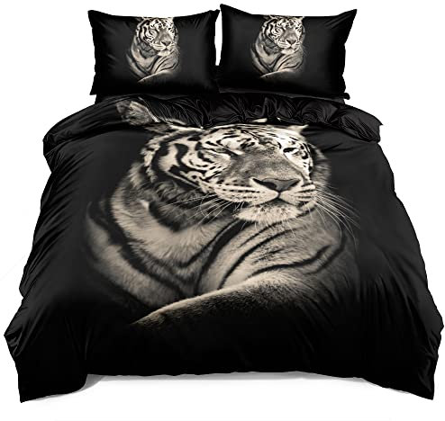 DXHOME Schwarz 155x220 Bettwäsche Tier 3D Tiger Weich Mikrofaser Deckenbezug Jugendliche Teenager Jungen Mädchen Modern Bettbezug Sets mit Reißverschluss und 2 Kissenbezüge 80 x 80cm