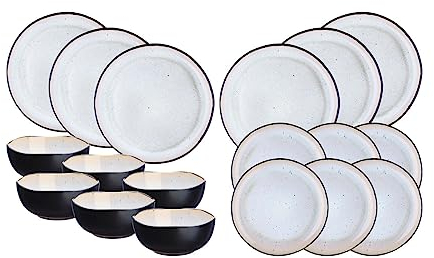 Björn, Collection Iris, Set 18 Pièces, 6 Personnes, Grès Réactif, 6 Assiettes Plates, 6 Assiettes à Dessert, 6 Bols Petit-déjeuner, Blanc Ivoire, Micro-ondes, Lave-vaisselle
