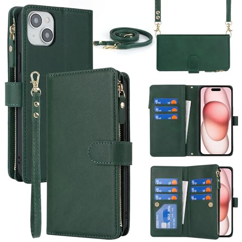 Cavor Compatible with iPhone 15 Case With Card Holder With Strap,Flip Leather Crossbody Wallet Case,[9 Card Holders][Magnetic][Lanyard],Cover Phone Case for women - Dark Green