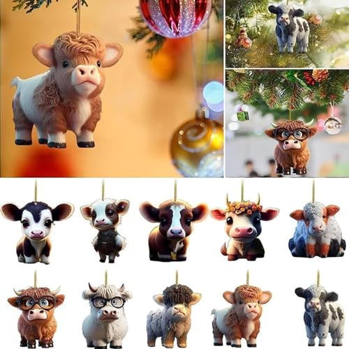 Cartoon-Kuh dekorative Ornamente,DIY-Weihnachtsbaum-Hängeornament,10 Stück Weihnachtsbaumschmuck Lustig,Kuh Weihnachtsbaumanhänger,Weihnachtsschmuck Baum,Rustic Farmhouse Christmas Ornaments