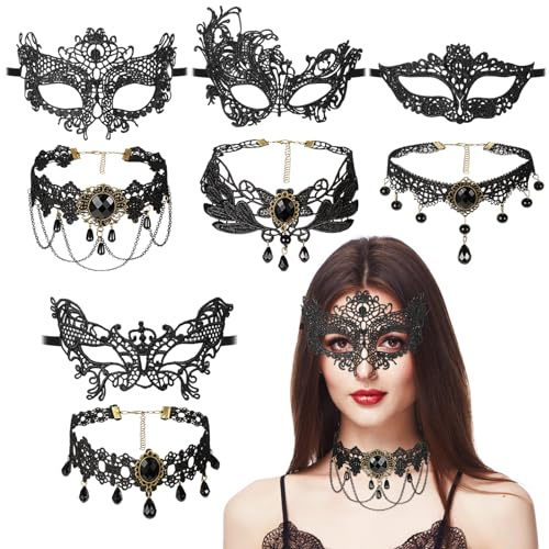 Aoriher 8-teiliges Maskerade Kostüm Set: 4 Spitzen Maskeraden Augenmasken & 4 Flexible Gotik Spitzen Halsketten für Damen - Historisch, Karneval & Cosplay