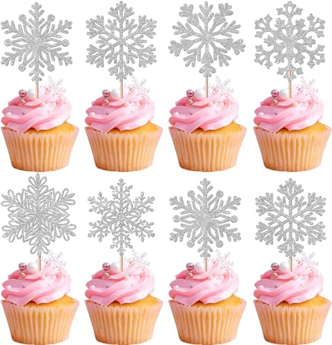 24 Stück Schneeflocke Tortendeko Glitzer Winter Schneeflocke Cupcake Toppers Gefrorene Winter Kuchen Deko für Schneeflocken Weihnachten Baby Shower Kinder Geburtstag Party Silber
