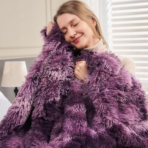 Wajade Fluffy Fuzzy Throw Blanket Super Soft Warm Large Blanket for Bed Couch Car Sherpa Faux Fur Blanket,Purple White 130x160CM