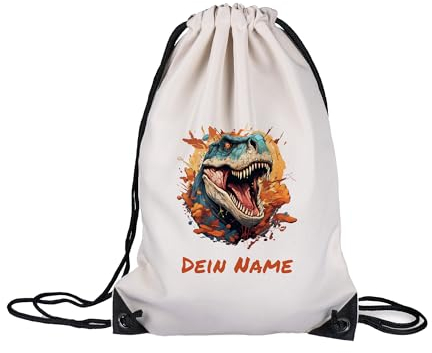 GRAZDesign Stoffbeutel Dino mit Name personalisiert Stoffbeutel Dinosaurier, Sportbeutel für Kinder Jungen und Mädchen, Einschulung