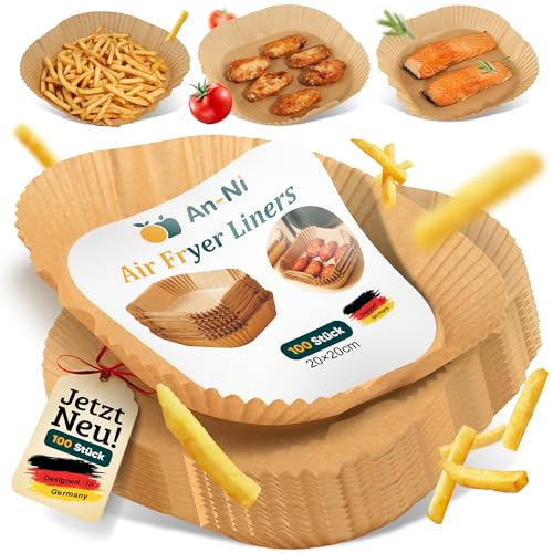An-Ni Backpapier für Heißluftfritteuse 20x20cm 100 Stück, Kompatibel mit Airfryer Ninja Philips Cosori Tefal, Air fryer Zubehör, geeignet für Foodi AF400EU AF300EU AF400, Küche, Küchen Gadgets