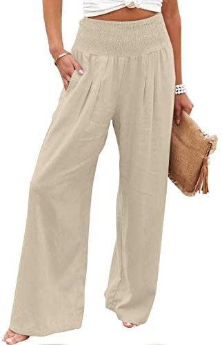 EMATOP Leinenhose Damen Sommer Leichte Weite Hose Lange Boho Sommerhose Hohe Taille Elegant Stoffhose Casual Einfarbig Freizeithose Baumwolle Leinen Palazzo Hosen mit Taschen Sporthose Frauen