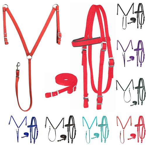 Majestic Ally Pferdesport-Stirnband, Halfter, Zügel und Brusthalsband, Nylon, gepolstert, Rot