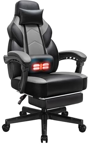 SUNLEI Gaming Chair for Adults, Ergonomic PU Leather Office Chair with Headrest & Footrest, Video Game Chairs with Massage Lumbar Support, Height Adjustable Computer Chair with 360° Swivel, Grey