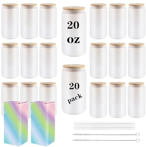 ABBSH Milchglasbecher mit Bambusdeckel, 473 ml, 20 Stück, Rohlinge, Bierdosen und Strohhalme