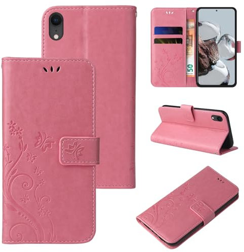 LBH Handy Hülle für Apple iPhone XR Case Handytasche Schmetterling Blumen Flower Standfunktion Schutzhülle Magnet Rundum Schutz 360 Grad Flipcase Cover Rosegold