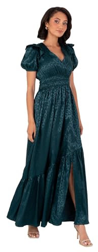 Lovedrobe Women's Maxi Dress Ladies V-Neck Short Sleeve Wrap Open Back Bow Detail Elasticated Waist Slit Satin A-line Occasion, Green 52, dunkelgrün, 26