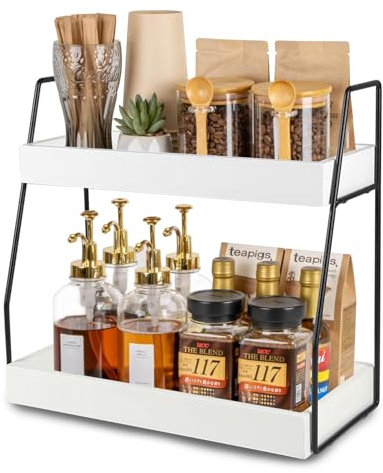 Gzsekken Coffee Station Organizer for Countertop,2 Tier Coffee Bar Station,White Coffee Bar Accessories Organizer Kitchen Counter Shelf,Tea and Coffee Condiment Storage,Coffee Caddy for Home,Office