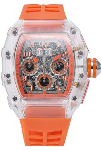 rorios Mode Armbanduhren für Herren Durchsichtig Tonneau Uhr Multifunktional Chronograph Uhr Analog Quarz Herrenuhren Sport Uhr für Männer Orange B