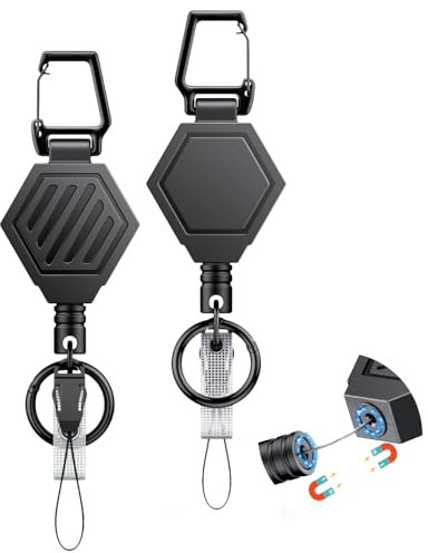 Uniclife Porte-clés rétractable très résistant fermeture magnétique Enrouleur badge jusqu'à 0,45 kg Porte-badge magnétique cordon Dyneema 79 cm, boîtier ABS solide, mousqueton anneau clé, 2 pièces