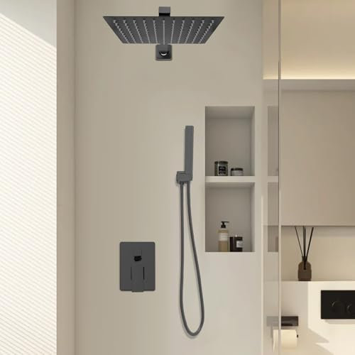 Duschsystem Unterputz, Duschsystem Unterputz mit 25x25cm Regendusche, Duscharmatur Unterputz Komplettset mit Schwarz, Duschamaturenset mit Regenduschkopf und Handbrause
