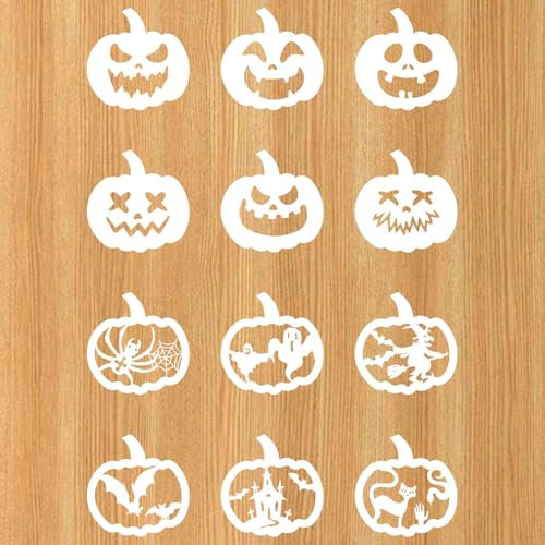 12stk Halloween Zeichenschablonen, Kunststoff-Halloween Schablone Wiederverwendbare Kürbis-Schnitzschablone Halloween-Malvorlagen für Stoff Glas Möbel Und Wandkunst(Stil 2)