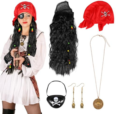 5 Stücke Piratenkostüm Damen Herren Piraten Accessoires Kinder Piraten Perücke Kopftuch Augenklappe Piraten Schmuck Gold Totenkopf Ohrringe Halskette für Halloween Cosplay Party Fasching und Karneval