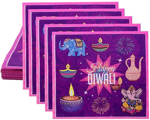 Lot de 16 serviettes en papier Diwali, décorations de Diwali pour la maison, serviettes à 2 couches, serviettes violettes, serviettes jetables Diwali Diyas Indien, anniversaire, fête de mariage,