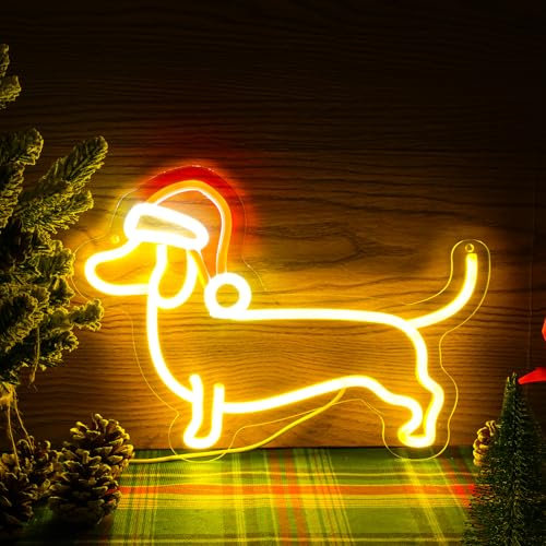 Christmas Dachshund Neon Sign Dog Neon Signs for Wall Decor Cute Puppy with Santa's Hat Led Light Sign for Pet Shop Bedroom Wall Home Party Decor, Party Accessory, Gift for Dog Lover (Dachshund)