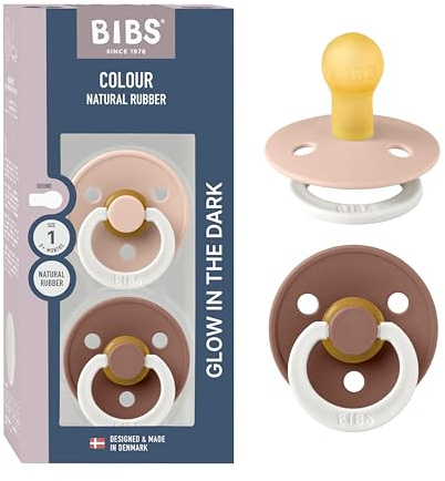 BIBS Colour Glow Schnuller 2er-Pack. BPA-frei. Leuchtet im Dunkeln. Kirschform Nippel. Naturkautschuk/Latex. Hergestellt in Dänemark. Größe 1 (0-6 Monate). Blush Glow/Woodchuck Glow