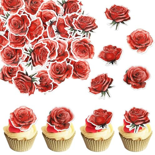 Xsstarmi 50 Pack Edible Rose Cupcake Toppers - Wafer Paper Flower Picks for Roses Theme Wedding, Engagement, Valentine's Day, Birthday Party Cake Decoration - Red
